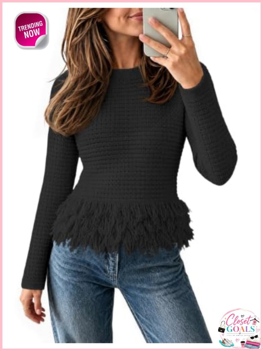 Crochet Fringe Pullover Sweater Boho Crew Neck Long Sleeve Knit Top